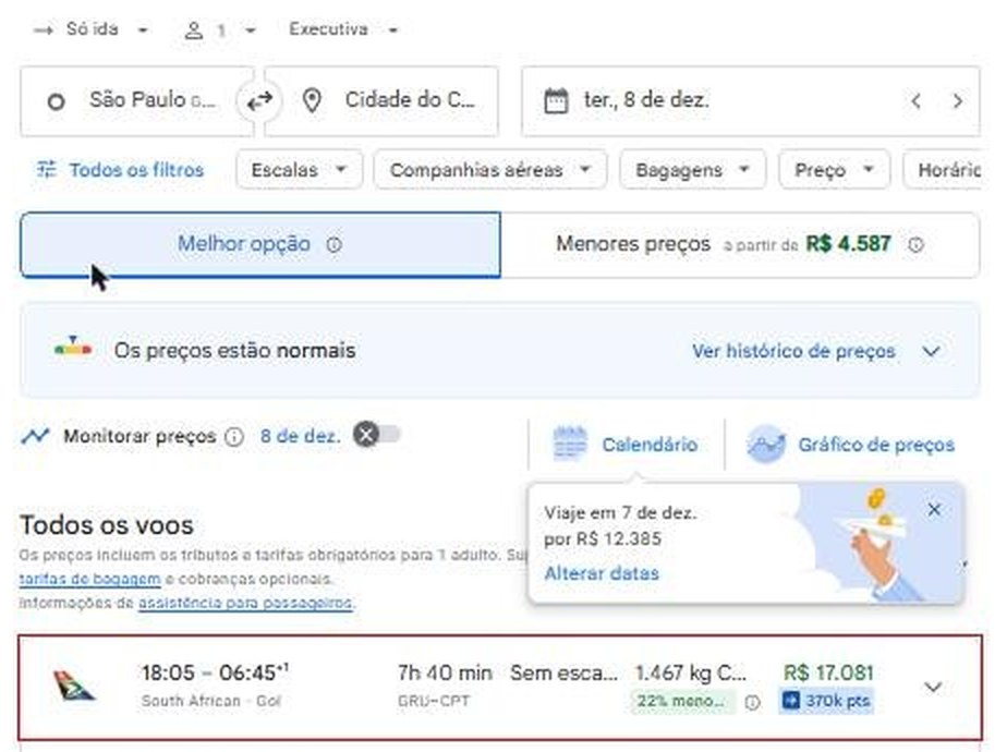 Print do Google Flights: GRU-CPT executiva 08/12 por R$ 17.081