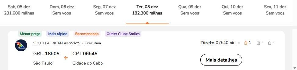 Print da Smiles: GRU-CPT executiva 08/12 por 182.300 milhas